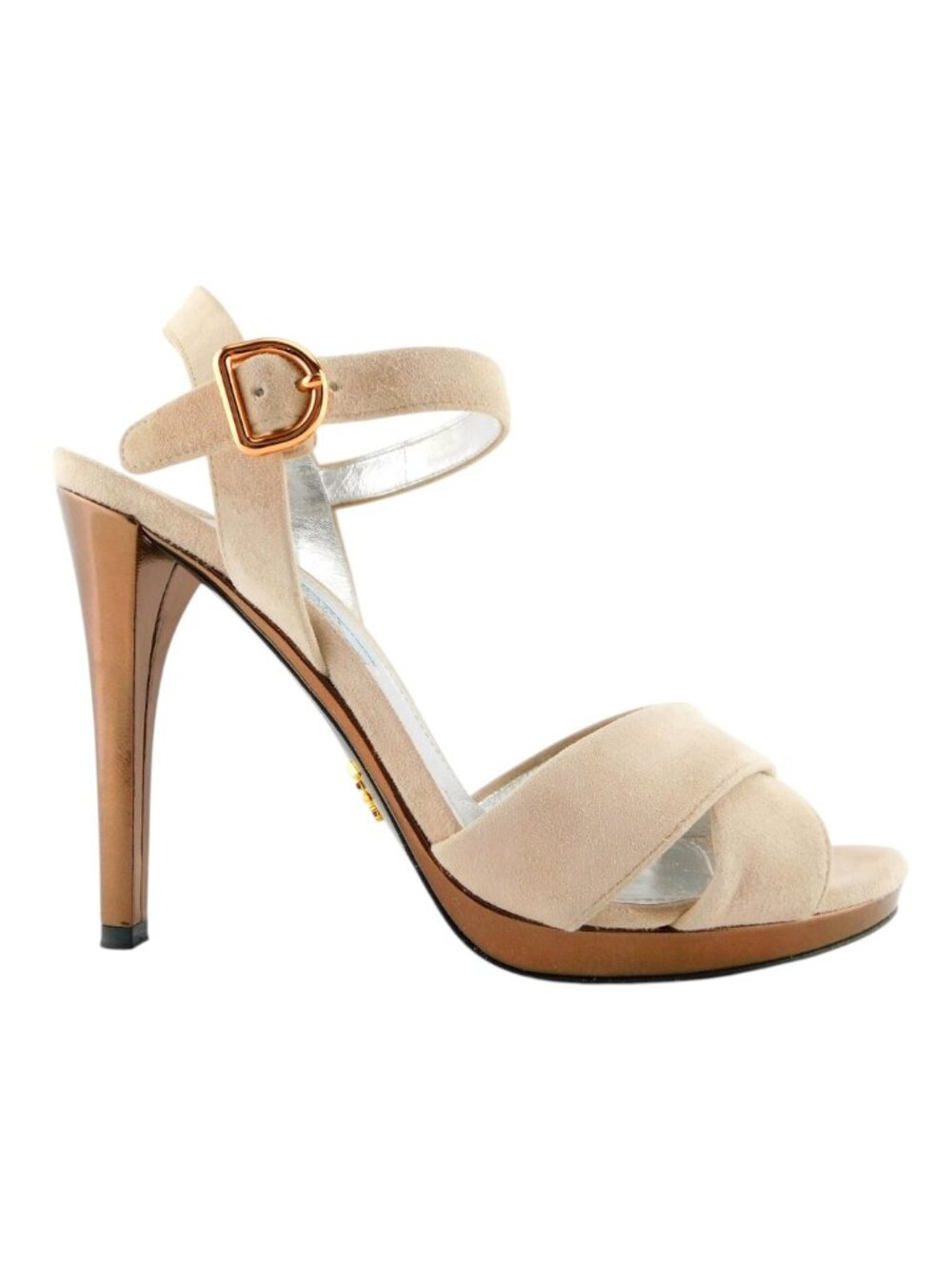 PRADA Blush Suede Leather Crisscross Ankle Strap Bronze Heel Sandal Pumps 39